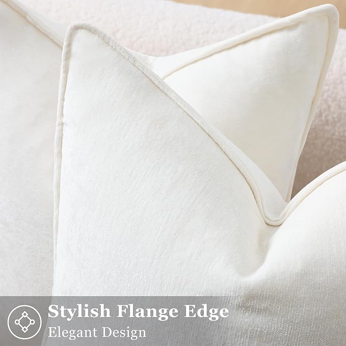 decorUhome Chenille Cream White Velvet Throw Pillow Covers 24x24 Set of 2 | Fall Soft Euro Sham Couch Decorative Modern Farmhouse Pillow Cases with Elegant Design for Sofa Bed Living Room Home Decor