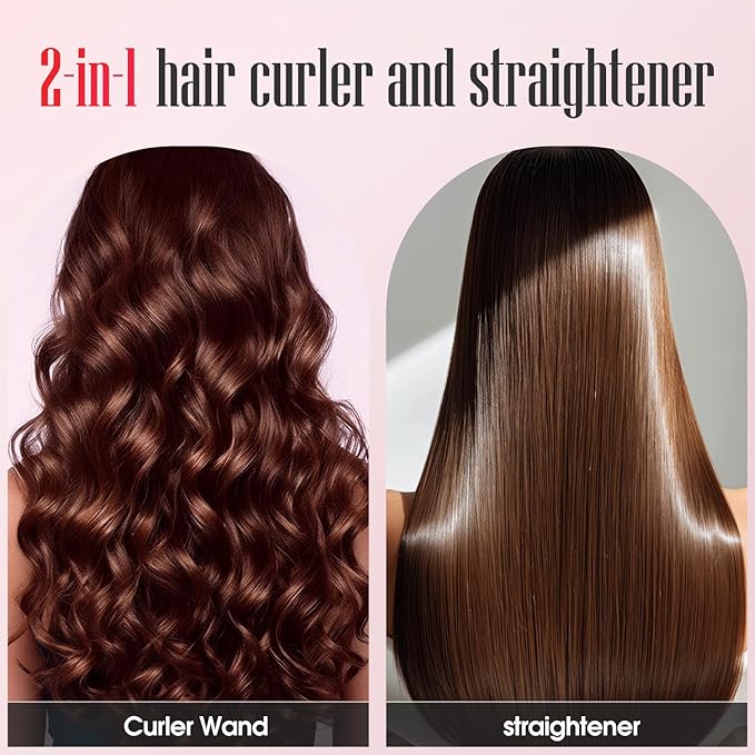 Flat Iron Hair Straightener LENA H2 Curling Wand and Curler 2 in 1 with Titanium Coating, Satefy Lock, Anti-Scald, 12 Adjustable Temps & Dual Voltage for All Types of Hair