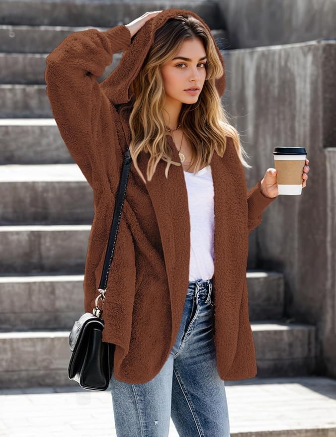 Zilcremo Women Hooded Cardigan Fuzzy Jacket Winter Open Front Fleece Coat Outwear with Pockets