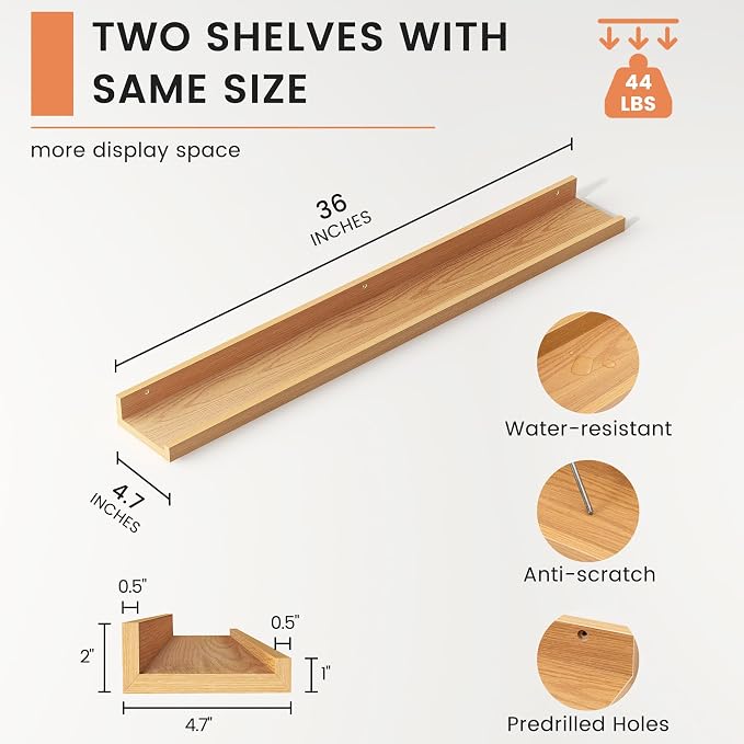 Picture Ledge Shelf, Floating Shelves for Wall, 36" W Set of 2, Oak | FSC Certified Engineered Wood, Wall Mounted Bookshelf, for Nursery Living Room Bedroom, Pre-Drilled, Easy Install