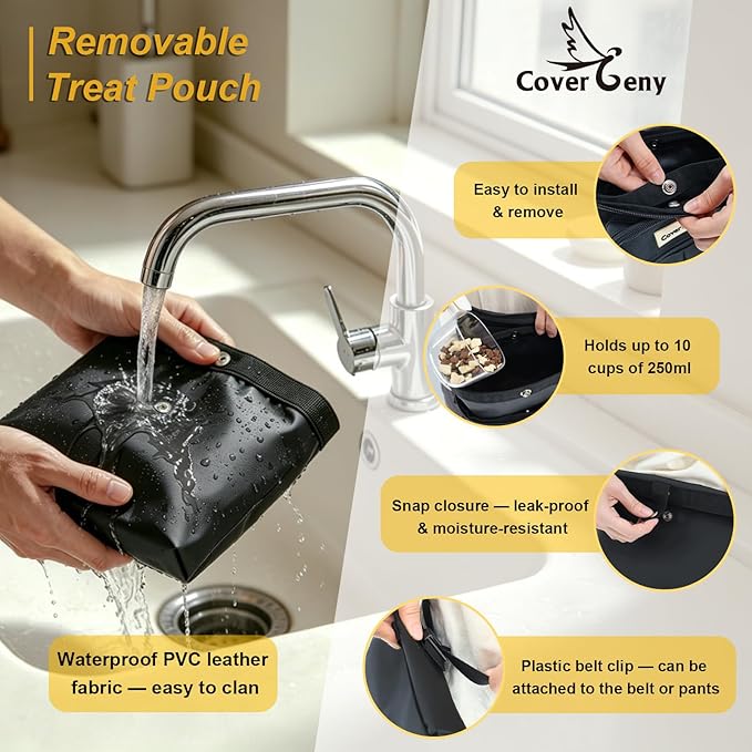 Dog Treat Pouch Open Top for Quick & Spill-Proof Access, Removable Pouch|Poop Bag Dispenser|3 Ways to Wear, Dog Treat Bag - Collapsible Bowl, Training Clicker & Poop Bag for Training & Walking-Black.