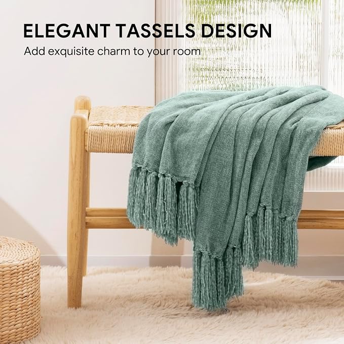 RECYCO Chenille Throw Blanket for Couch, 50"x60", Sage | Super Soft Knit Throw Blanket with Fringe Tassels, Lightweight Knitted Throw, Cozy, Ideal for Sofa Chair Bed Living Room Gift