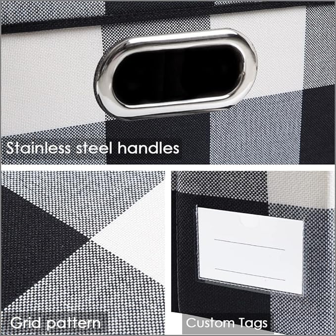 Large Collapsible Storage Bins with Lids [3-Pack] Fabric Foldable Storage Boxes Organizer Containers Baskets Cube with Cover for Home Bedroom Closet Office Black and White (17.7x11.8x11.8)