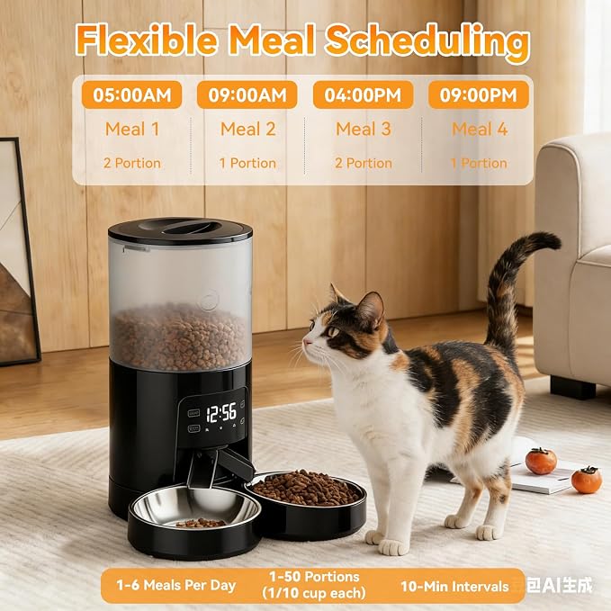 NEWBULIG Automatic Cat Feeder for 2 Cats, 6L Timed Pet Feeders, Black | Dual Bowls, 25.3 Cups, 10s Voice Recorder, Dog Food Dispenser for Dry Food, 6 Meals/Day, 50 Portions/Meal, Dual Power Supply