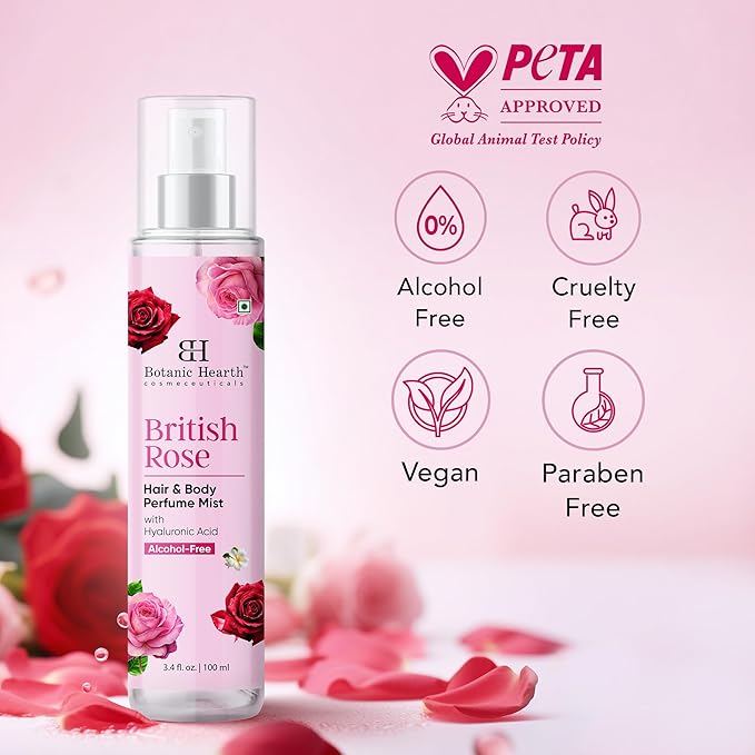 Botanic Hearth British Rose Hair Perfume & Body Mist, Long-Lasting Hair Deodorizer, Body Scent for Women & Men, Alcohol-Free Clean Fragrance Hair Spray For Everyday Wear, All Day Freshness, 3.4 Fl Oz