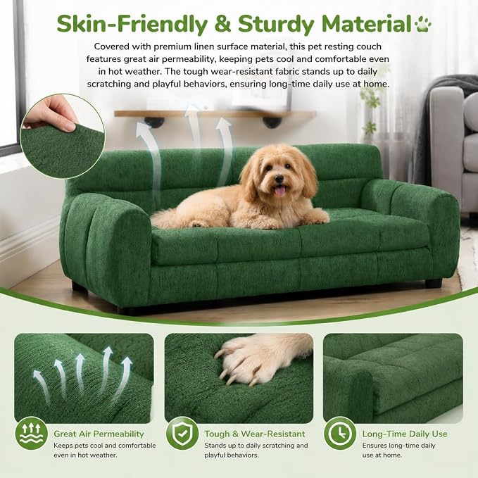 38"x22" DOD Sofa for Small & Medium Dogs | Removable Cushion Cover | Stable Low-Leg Frame | Breathable Linen Fabric | Armrest & Backrest | Easy to Clean |Olive Green