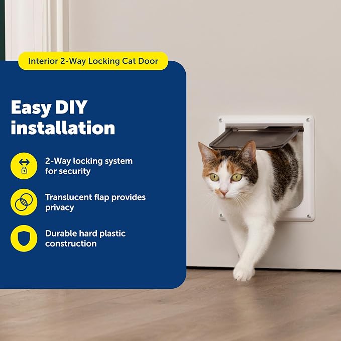 PetSafe Interior Cat Door, 2-Way Lock, White, Cats up to 15 lb | High-Impact Frame with Transparent Flap, Fits Interior Doors, Hardware and Template Included