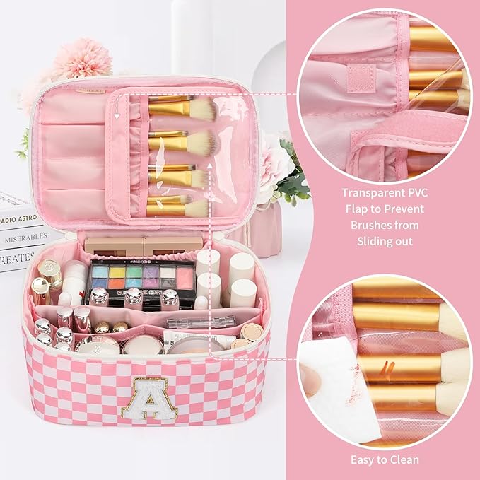 OCHEAL Makeup Bag Valentines Day Gifts for Women, Monogram Cosmetic Bag Pink Travel Makeup Case Beauty Toiletry Bag Organizer Personalized Gifts for Girl Teens Bridesmaid Sister Wife Friends Initial A