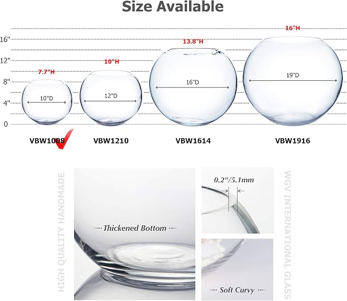WGV Large Bowl Glass Vase, Diameter 9", Height 8", (Multiple Sizes Choices) Clear Round Bubble Vase Jar, Floral Planter Terrarium for Wedding Event Home Decor, 1 Piece (VBW1008)