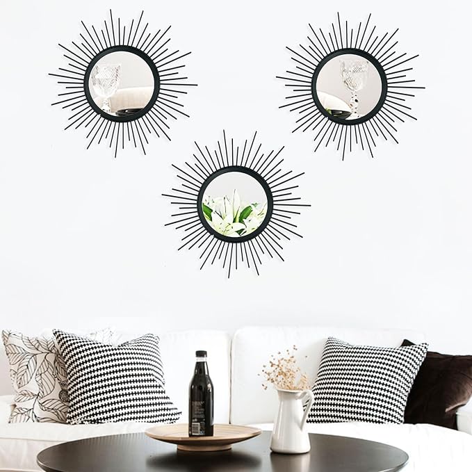 3 Pack Metal Mirrors for Wall Sunburst Wall Mirrors Home Décor Decorative Hanging Wall Art for Living Room Bedroom Entryway (Black, Sunburst)