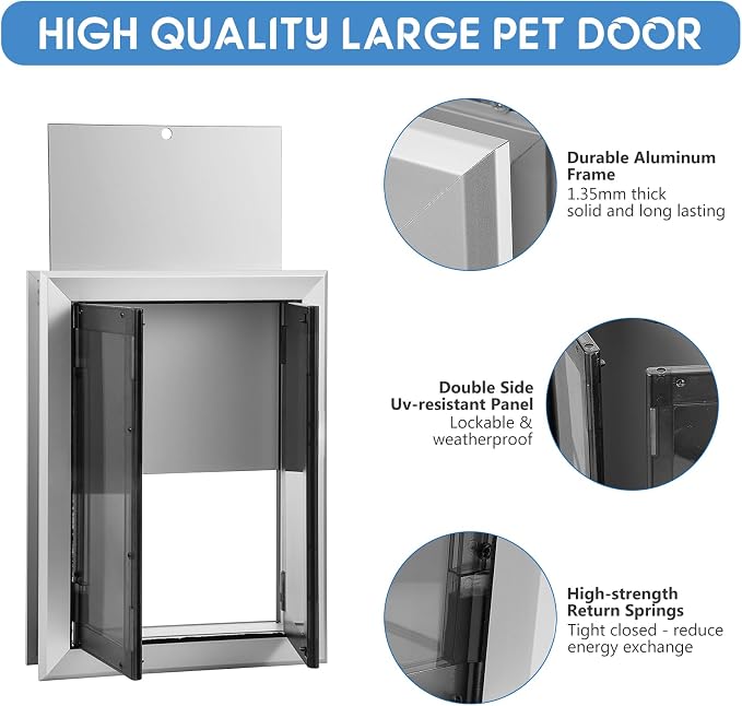 SmarketBuy Large Dog Door, Weatherproof Aluminum Dog Door with Automatic Closing Double Panels Easy to Install Pet Door for Large Dogs and Cats, Closing Panel Included