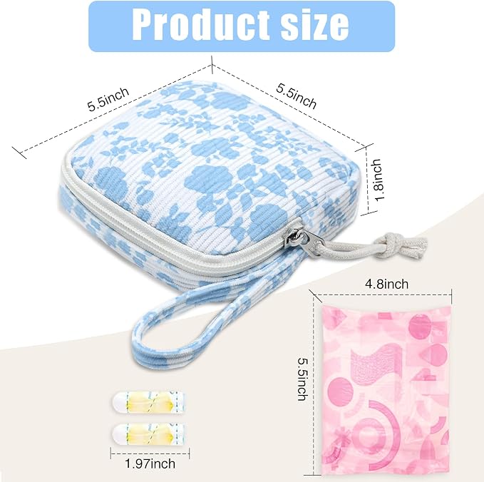Small Makeup Bag | Discreet Period Bag Pad Pouch for Purse| Sanitary Napkin Storage & Tampon Holder for Travel (Flower blue)