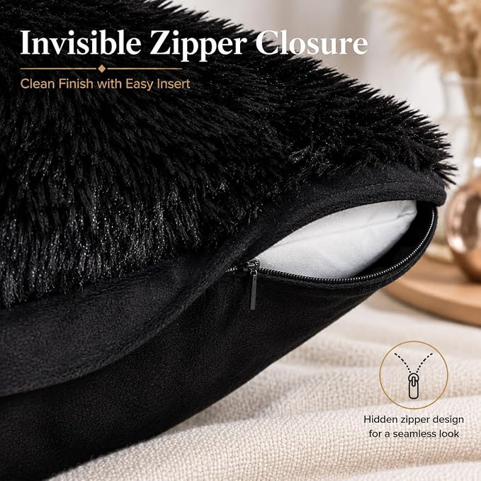 REAFORT Long Hair Faux Fur Euro Sham Cover 26"x26", Hidden Zipper(Black) | Ultra-soft plush faux fur with a hidden zipper adds luxurious comfort and is machine washable for easy care.