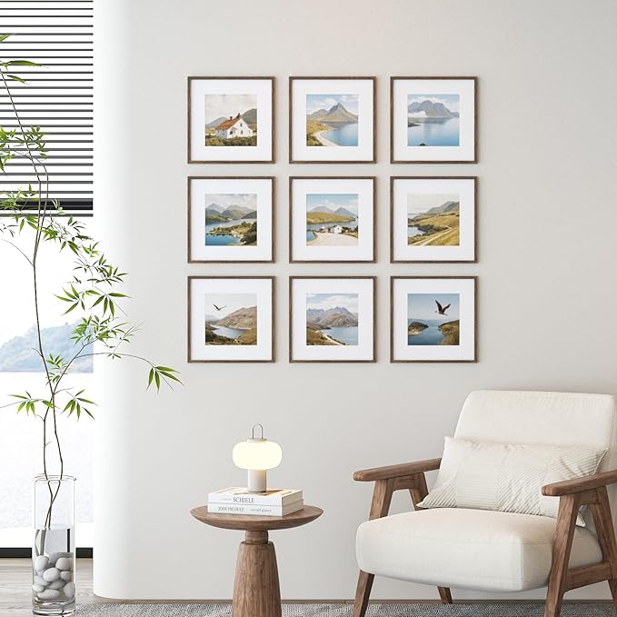 12x12 Picture Frame Set of 9, Display Pictures 8x8 with Mat or 12x12 without Mat, Multi Collage Gallery Square Photo Frames for Wall or Tabletop,Distressed Brown