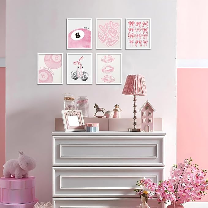 Cute Pink Girl Poster Set of 6, Light Pink Coquette Wall Art Trendy Lucky 8 Ball Wall Decor Paintings Pastel College Apartment Bedroom Living Room Dorm 12x16 inch Unframed