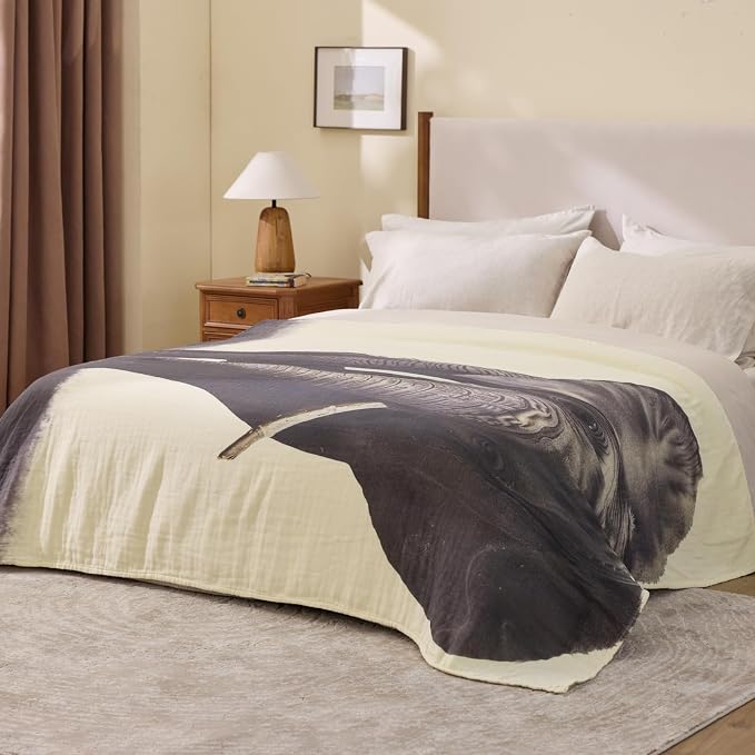 100% Cotton Boho Throw Blanket for Home Decor – Classic Farmhouse Quilt Bedding, Muslin Blankets for Adults, Vintage Woven Decorative Blanket for Couch, Bed Layering Use, Elephant Printed, 60"x80"