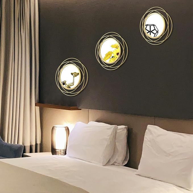 3 Set Round Mirrors for Wall Decor Living Room Bedroom Bathroom Dining Room Metal Circle Mirror Set Boho Decorative Sunburst Wall Art Accent Entryway - Gold 9.5 in