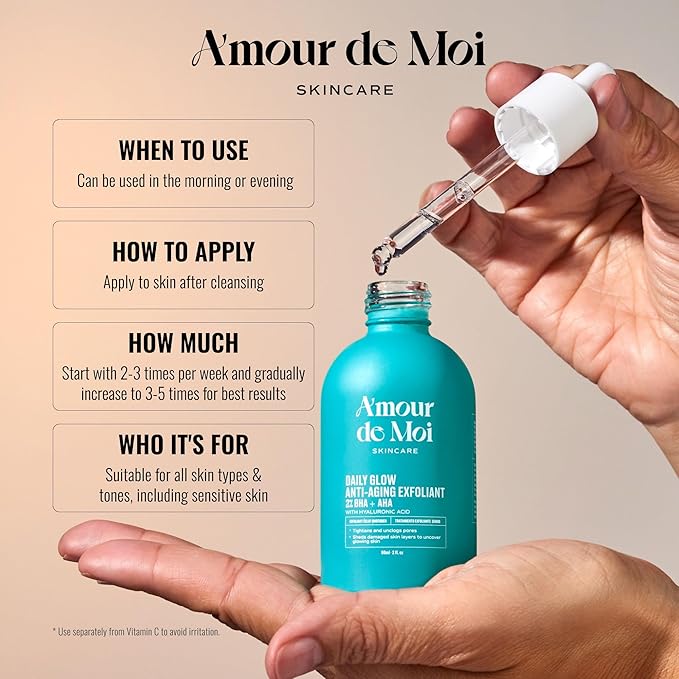 Amour de Moi 2% BHA AHA Liquid Salicylic Acid Exfoliant - Gentle Peel, Pore Minimizer, Face Exfoliator for blackheads, wrinkles with Hyaluronic acid - Fragrance-Free Hydrating for All Skin Types, 2oz
