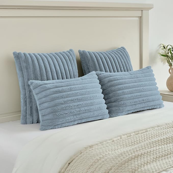 FUTEI Pack of 2 Faux Fur Throw Pillow Covers 16x16 Inch, Dusty Blue | Fluffy Faux Rabbit Fur Front/Premium Velvet Back,Hidden Zipper,Machine Washable,Non-Shedding,Colorfast,Insert Not Included.