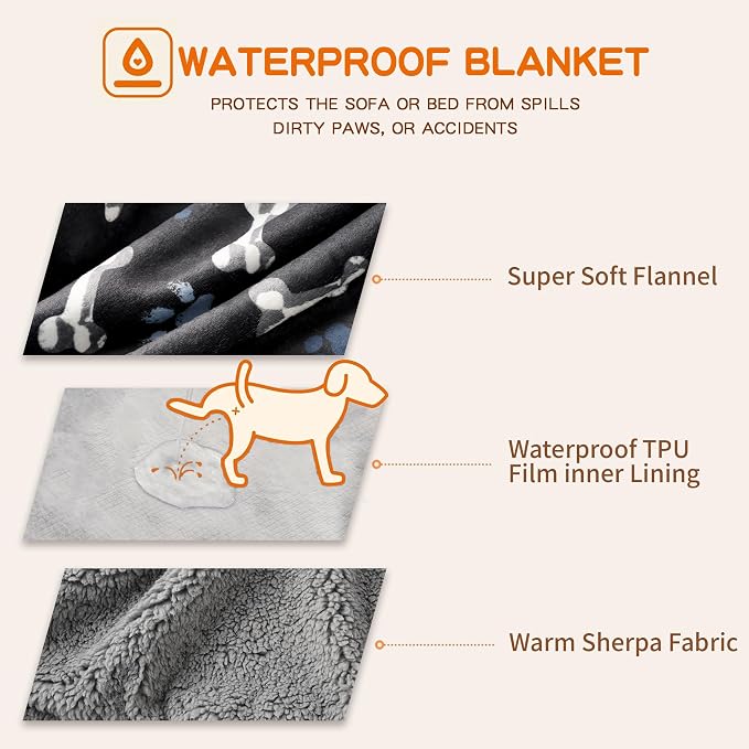 Washable Waterproof Dog Blankets for Large Dogs, 50"x60" Black | Soft Fluffy Pet Blanket for Couch Sofa Car Crate, Bed Furniture Protector, Reversible Sherpa Fleece Dog Blanket, Paw Pattern