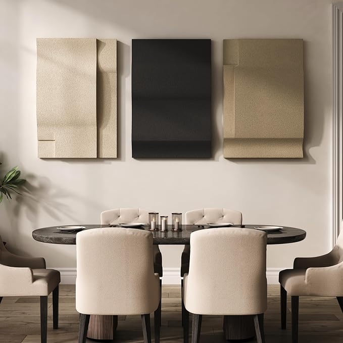 Large 3D Textured Wall Art Deocr for Living Room, 3 Piece Modern Neutral Abstract Minimalist Artwork for Walls, Geometric Black and Beige Wall Decor for Hallway, Dining Room, Staircase and Office, 24x36 In