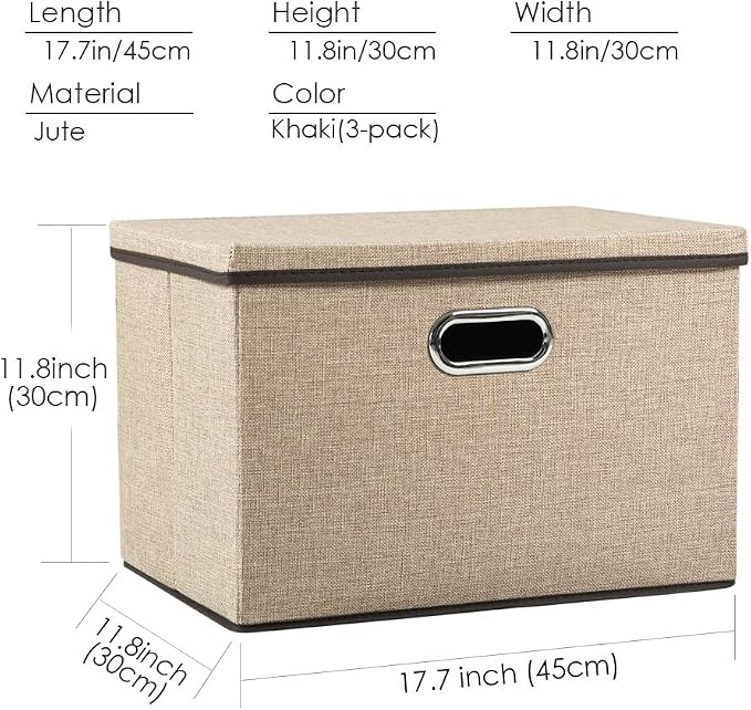 Large Collapsible Storage Bins with Lids [3-Pack] Jute Fabric Foldable Storage Boxes Organizer Containers Baskets Cube with Cover for Home Bedroom Closet Office Nursery (17.7x11.8x11.8)