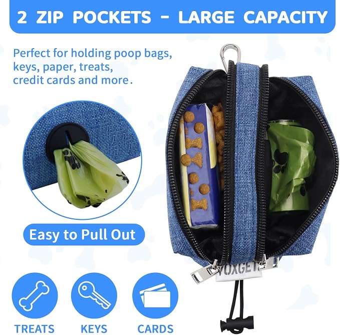 Dog Poop Bag Holder with Treat Pouch, 2 Zipper Pockets & Leash Clip