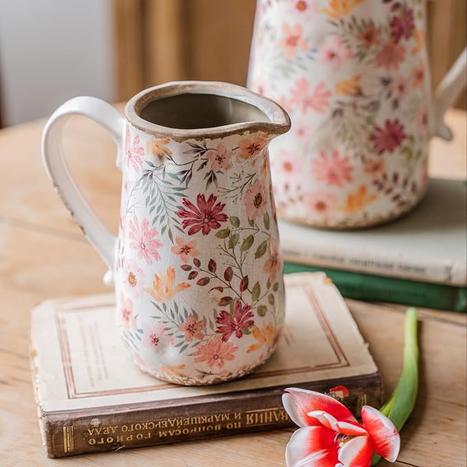 Vintage Colorful Daisy Flora Ceramic Vase with Handle, Retro Ice Glazed Crack Farmhouse Pitcher Vase for Home Decor, Living Room, Shelf, Office, Rustic Table Centerpiece 7 Inch