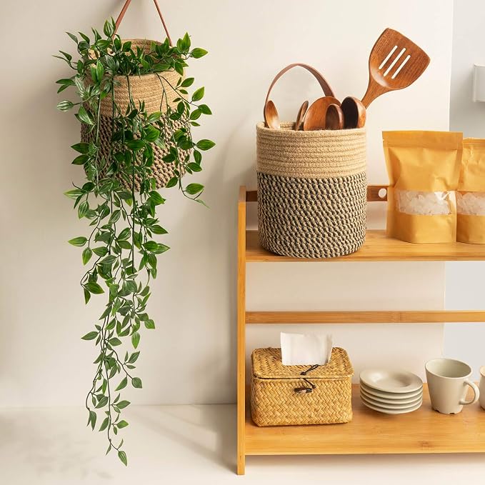 Goodpick 2 Pack Jute Rope Wall Hanging Storage Baskets for Home Decor | Boho Woven Hanging Plant Basket Decor, Decorative Basket for Home, Size 7.87×7×11.7 Inches for Wall Flower & Home Storage