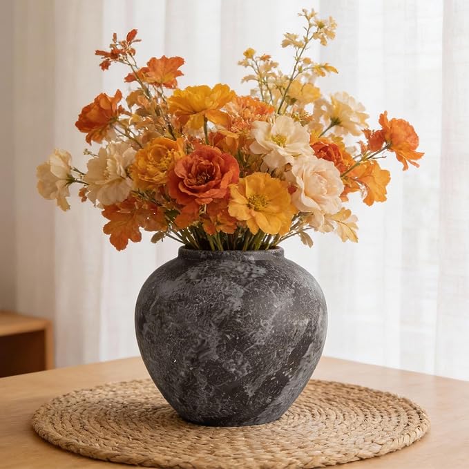Rustic Ceramic Vintage Farmhouse Vase for Decor (Large Brush Black) | 8.8'' Distressed Stone Vase Home Decor, Decorative Terracotta Round Clay vase for Living Room, Table, Shelf, Kichen Décor