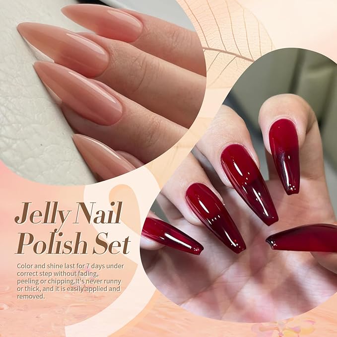 Born Pretty Jelly Nail Polish Set, 6 Colors Sheer Nude Natural Red Pink Brown Colors Quick Dry Nail Polish Jelly Transparent Spring Summer Fingernail Polish for DIY Nail Art Salon Home Gifts