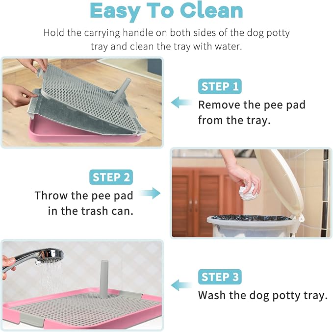 CUHIOY Dog Potty Tray Toilet 20"x14", Indoor Pee Pad Holder, Pink | With 8pcs Training Pads, Puppy Pee Mesh Potty Pan, Secure Latch Doggy Bathroom Litter Box for Small Medium Puppies