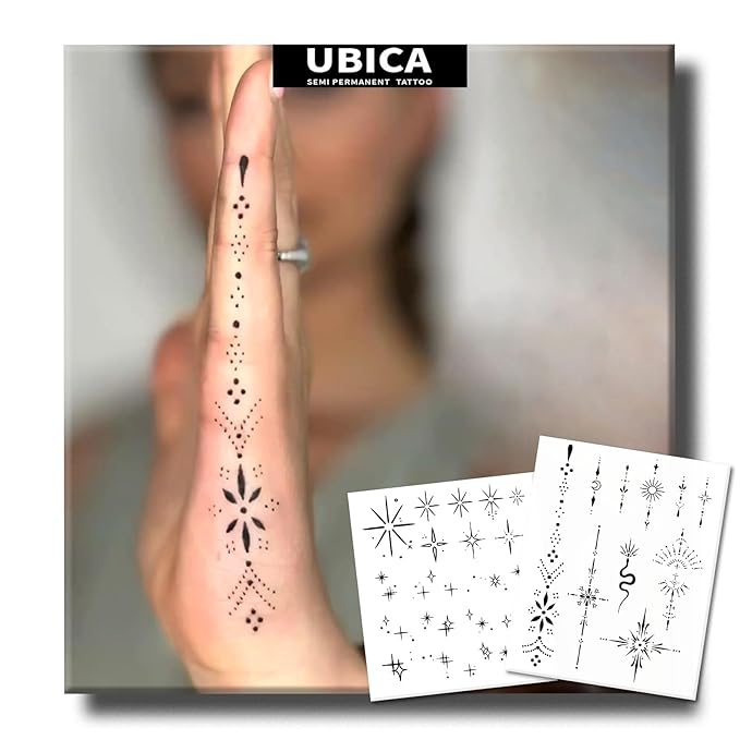Semi Permanent Tattoo For Women, 2 Weeks Realistic Henna Tiny Temporary Fake Tattoos For Adults Girl Finger Hand Arm Neck, Waterproof and Non-Reflective,Minimalist Design, 2 Sheets