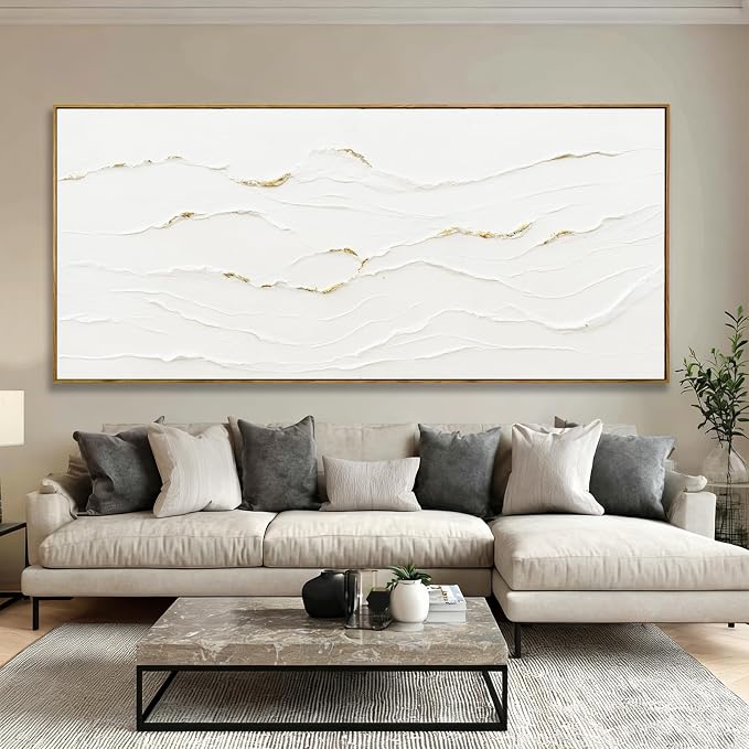Extra Large Framed White Gold Textured Wall Art for Living Room 32x70 Inch