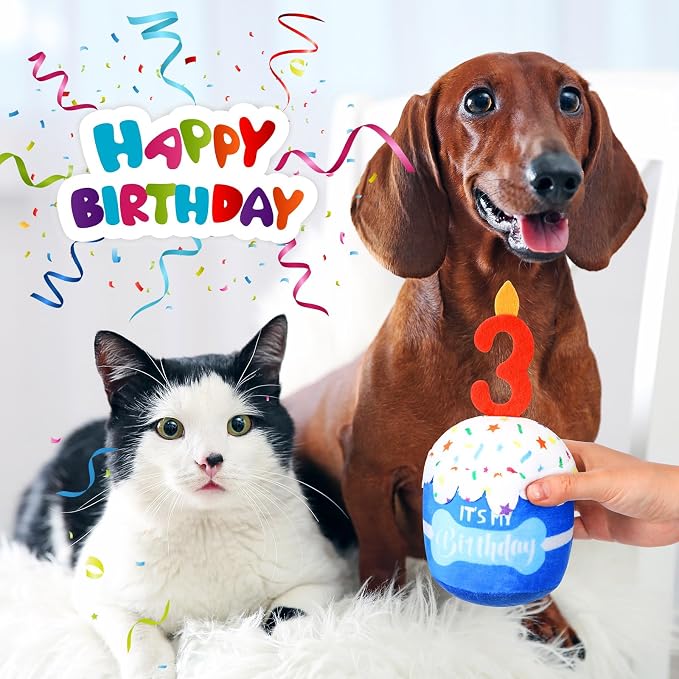 Dansydaisy Dog Birthday Cake Toy Squeaky Plush Gift,3rd,Blue