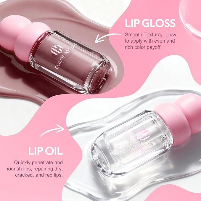 Color Nymph Lip Oil & Lip Gloss Set, Hydrating Non-Sticky Lip Makeup, Nourishing Lip Care with Jojoba Oil & Hyaluronic Acid, Glossy Pigmented Finish, #06 Dark Coffee