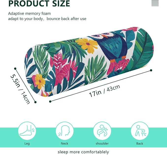 Triopcal Leaves Owls Pattern Neck Roll Pillow Bolster Round Health Memory Foam Long Cervical Cylinder Pillows with Removable Washable Cover for Body Bed Legs Back Yoga
