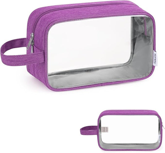 Narwey Clear Travel Toiletry Bags for Traveling Toiletries Men Women, Clear Makeup Bag Cosmetic Bag with Zipper, Make Up Pouch Organizer Bag with Handle, Skincare Beach Snack Medicine Bag, Purple