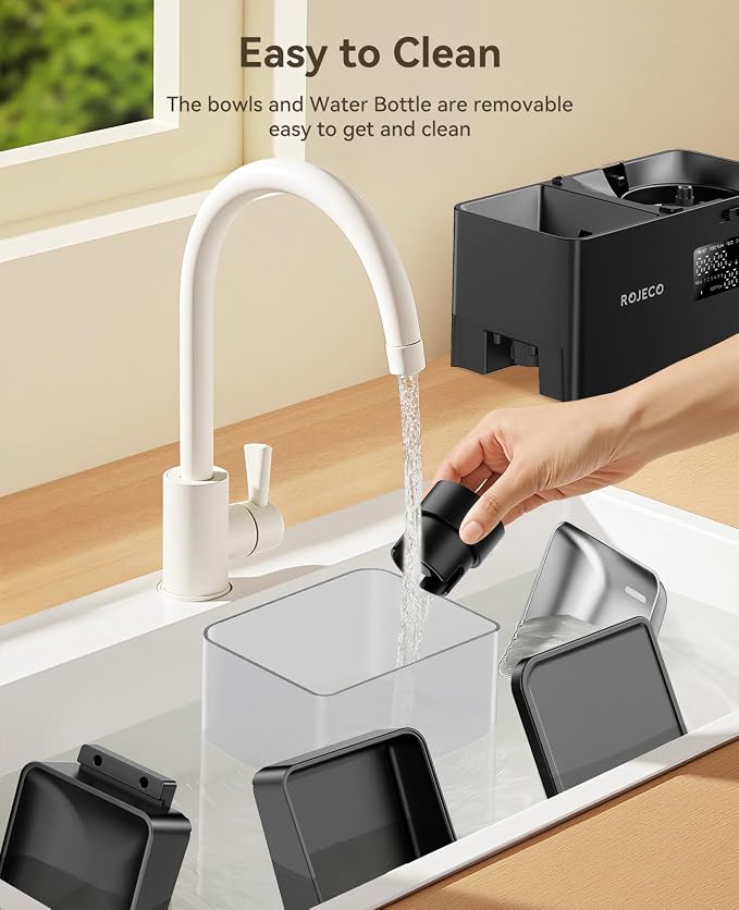 Automatic Cat Feeder & Water Dispenser,Button Customizable Feeding | 2 in 1 Feeding Drinking Water/5L Food Feeder,3.5L Water Fountain/Stainless Steel Bowls/Detachable Clean/Black