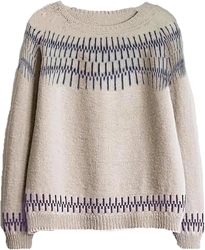 Zhyaj Fair Isle Sweater for Womens Winter Long Sleeve Vintage Knitted Sweater Casual Fall Crew Neck Pullover Sweaters