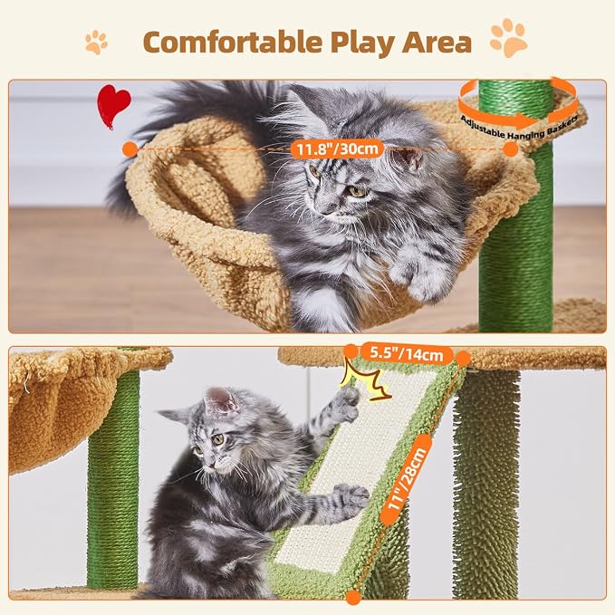 Taoqimiao Cactus, Cat Tree, 38.5In Cat Tower for Indoor Cats, for Kittens | Thick Padded Top Perch, Luxurious Cat Condo, Adjustable Basket, 1-Piece Ramp Scratcher, 3 Natural Sisal Posts, MS029ST