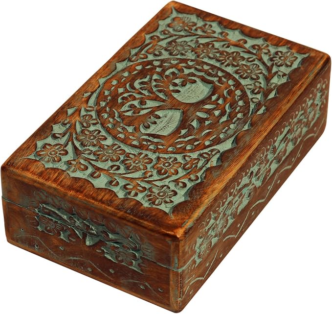 ETROVES Carved Wooden Box - Decorative Memory Storage Wood Case Single Compartment for Women and Men Jewelry - Vintage Trinket Box, 8 Inch, Turquoise
