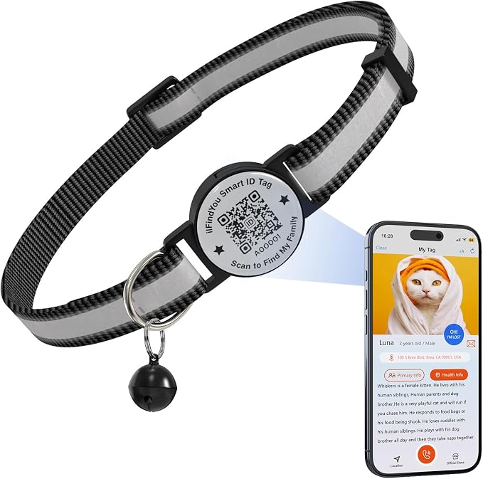 Breakaway Cat Collar QR Code, Reflective Bell, Adjustable Kitten, Black