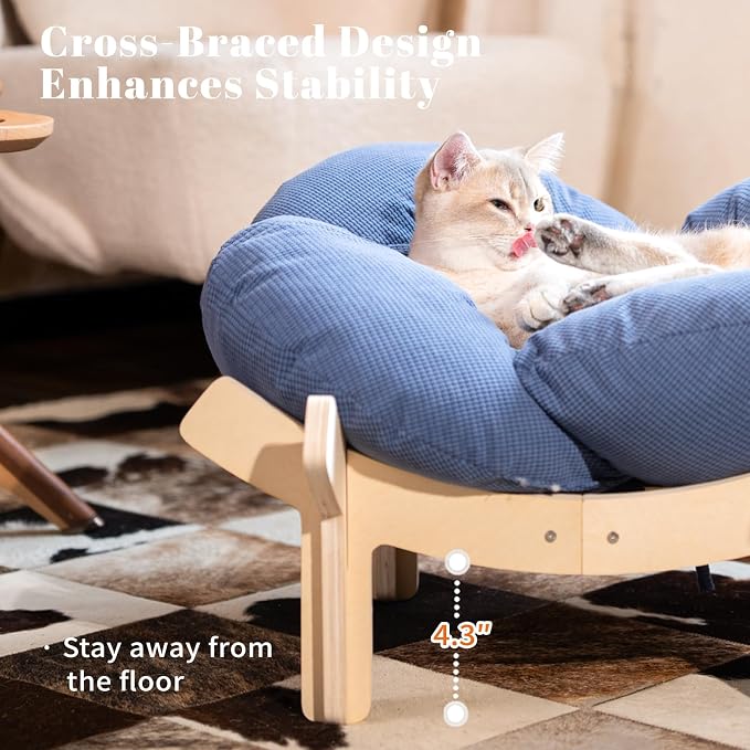 Elevated Cat Bed for Indoor Cats Couch Sofa Flower | Pet Beds with Washable Cushion, Stable Wooden Frame, Raised Cat Hammock & Furniture for Kitty & Puppy All-Season(Deep Blue)