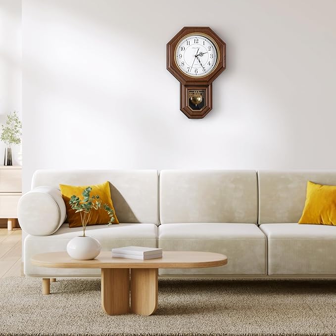 Pendulum Wall Clock,Imitation Wood Plastic Regulator Wall Clocks,Brown | Battery Operated,Non-Ticking,Retro Wall Decor Gift,Easy to Read,For Living Room,Dining Room,Schoolhouse,Farmhouse