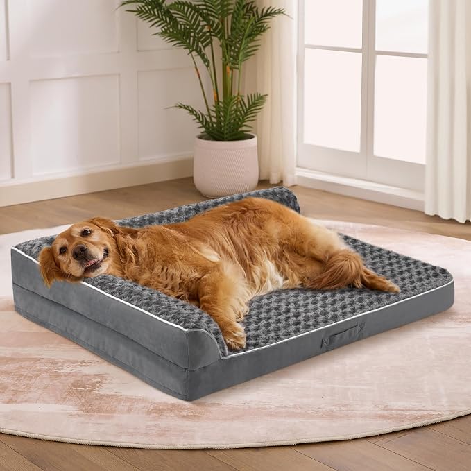 Orthopedic Dog Bed for Medium Size Dog, 36"x27"x6.5", Dark Grey | Waterproof, Washable Cover, L-Shaped Pet Couch, Egg-Crate Foam for Pressure Relief, Portable Handle