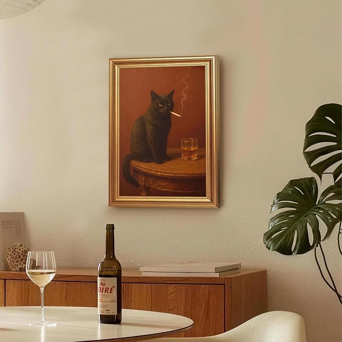 ICHZUMW Gold Framed Funny Black Cat Whiskey Vintage Canvas Wall Art 8x10 In | Funny Cat Smoking Cigarette Picture, Quirky Animal Bar Wall decor, Bathroom Man Cave Bedroom, Fade Resistant, Ready to Hang