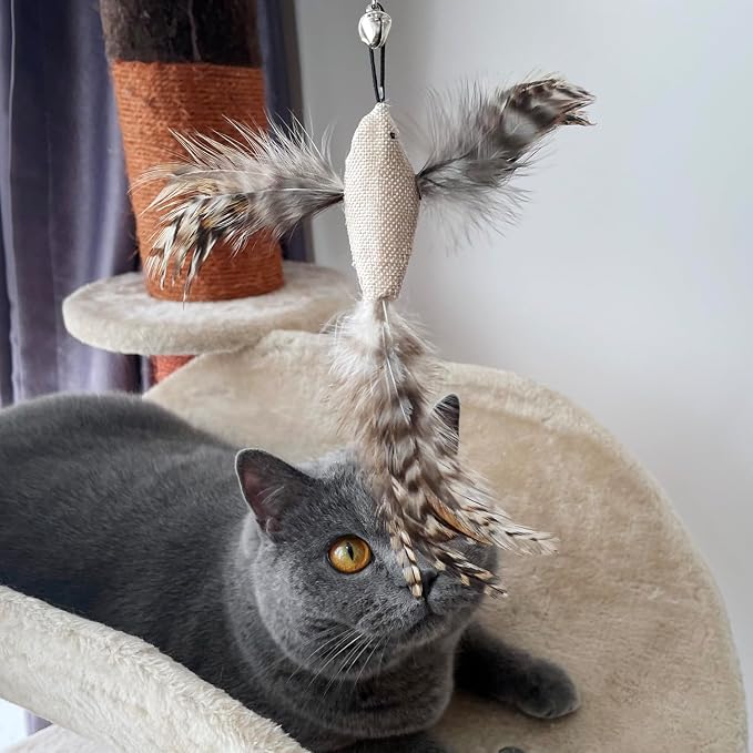 TTcat 4 Pack Linen Bird Cat Wand Refills, Natural Feather Detachable Replacement Toy Heads with Bell, Universal Lobster Clip-on Cat Teaser Attachments, Indoor Kitten Hunting Boredom Relief Prey Toy.
