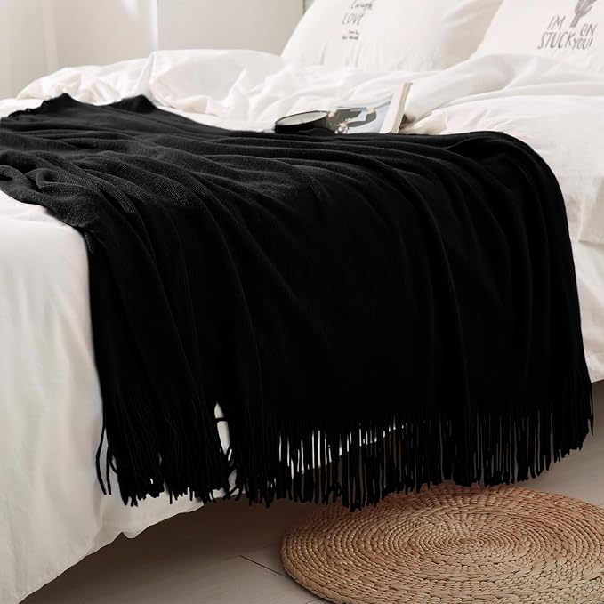 Homiest Black Knitted Throw Blanket with Fringe, 50x60 Inch | Pure Acrylic, Lightweight & Breathable, All-Season Use, Machine Washable, Wrinkle & Fade Resistant, for Couch Sofa And Bed
