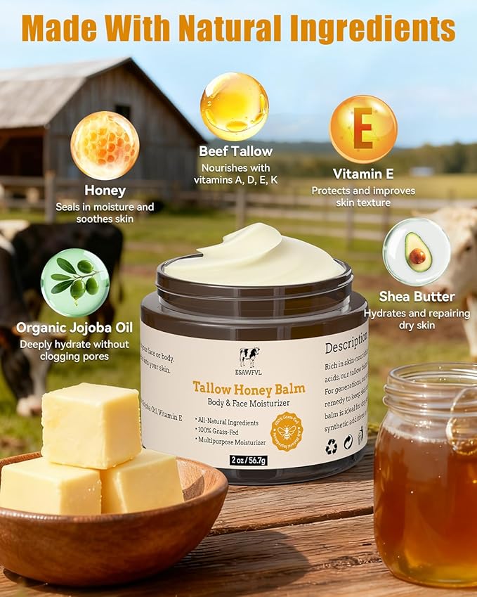 Beef Tallow for Skin, Whipped Tallow and Honey Balm for Body & Face, Natural Formula Grass-Fed Tallow Face Moisturizer for All Skin Types - 2oz